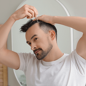 Man using topical hair growth product